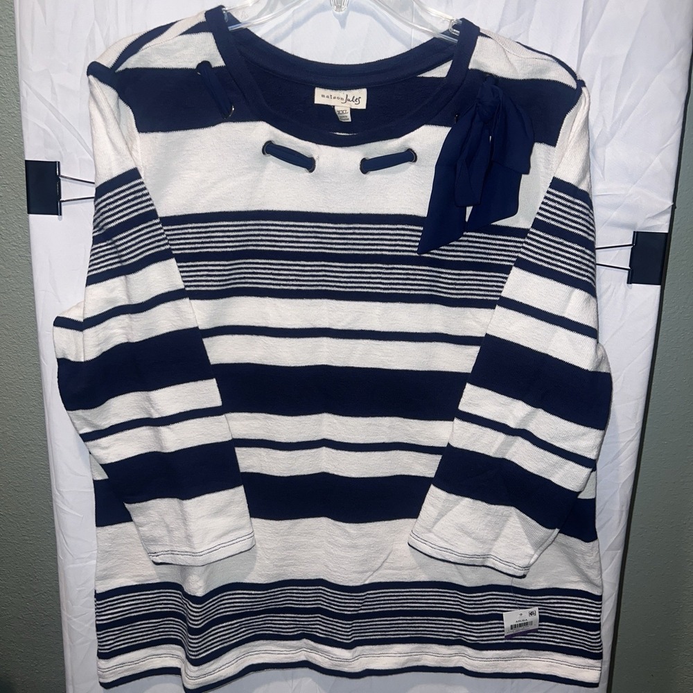 Maison Jules XXL Striped Tie Front Lightweight Sweater Blue White Nautical NEW
